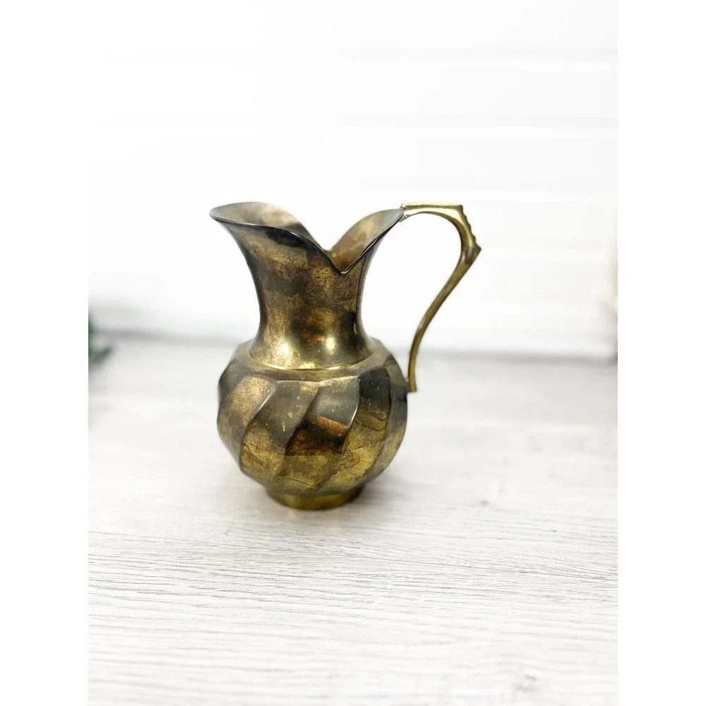 Solid Brass Pitcher‎ Vase with Handle - Scalloped Edge
